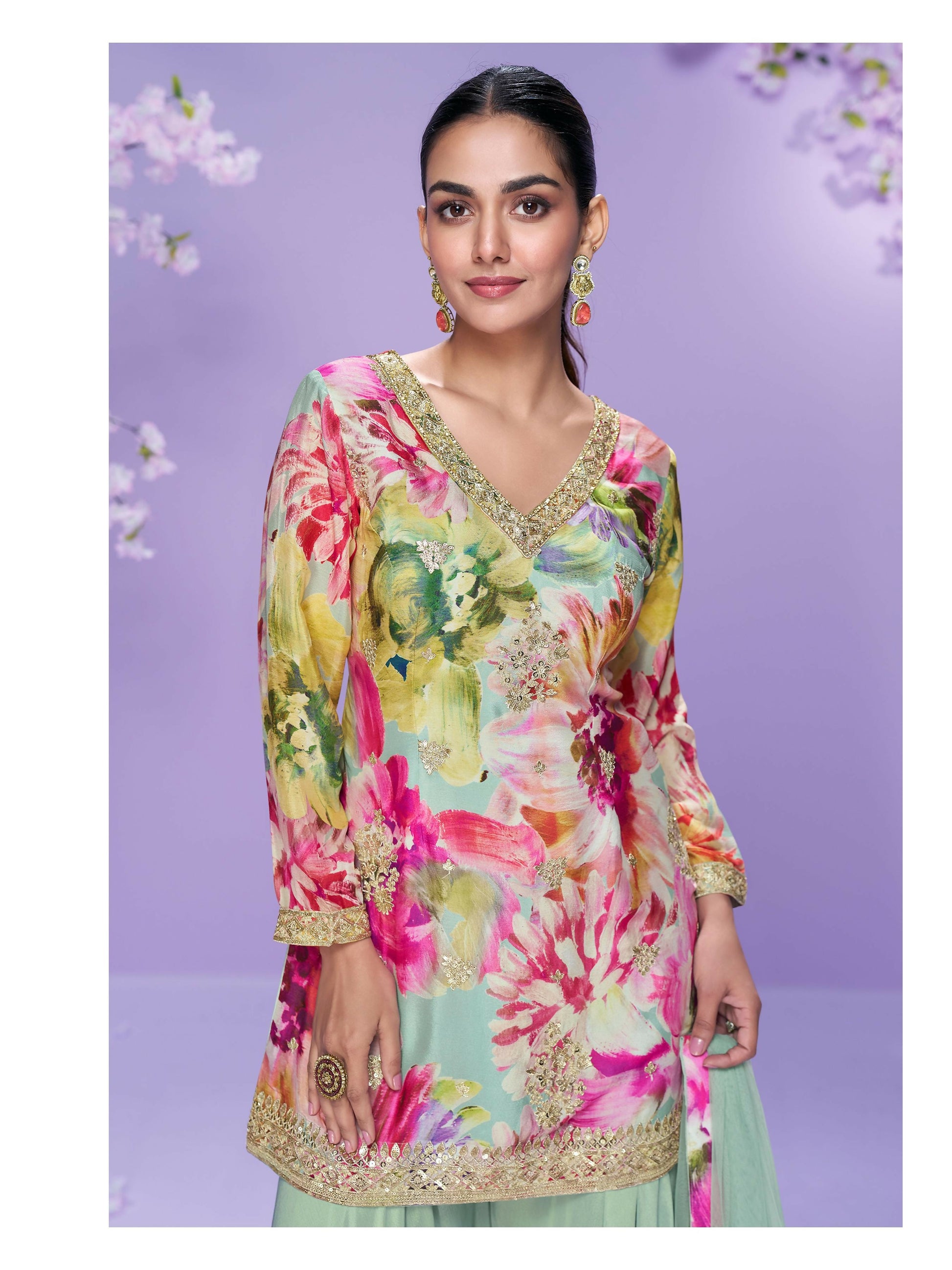 Anaita Sea Green Chinon Readymade Palazzo Suit with Digital Embroidery Work