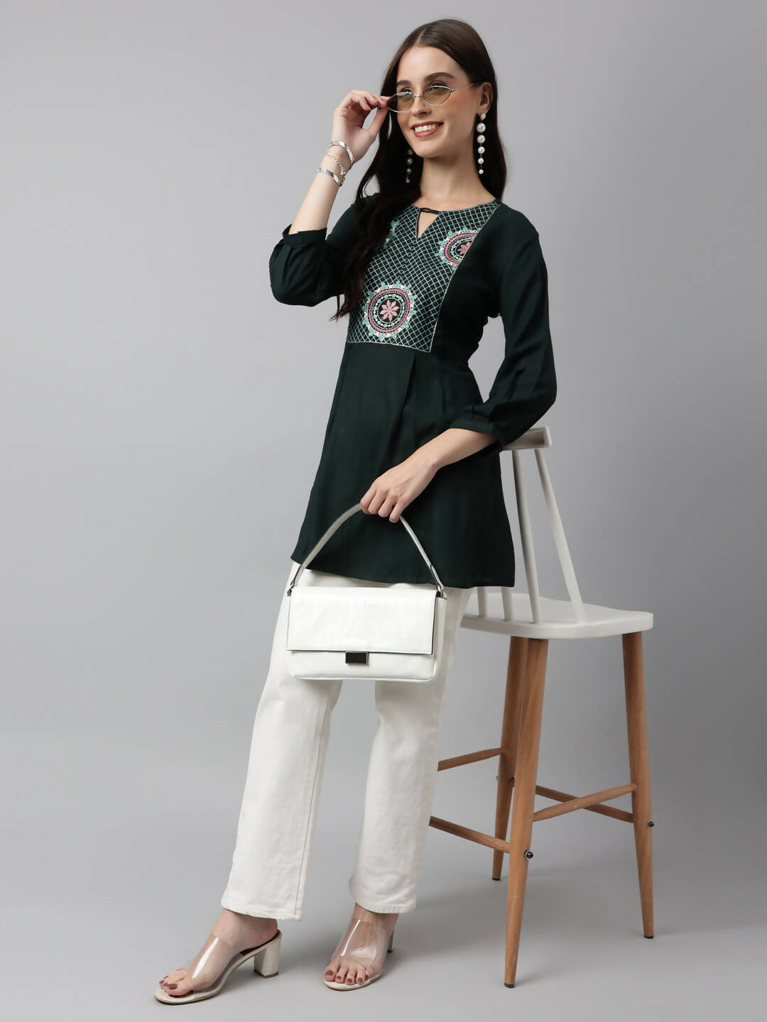 Green Rayon Yoke Embroidered A-line Top - Tarini - Swadesiicart