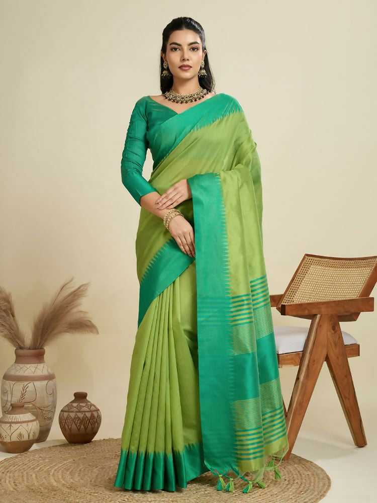 Vishnu Weaves Women's Parrot Raw Silk Thread Woven Saree with Blouse - Swadesiicart