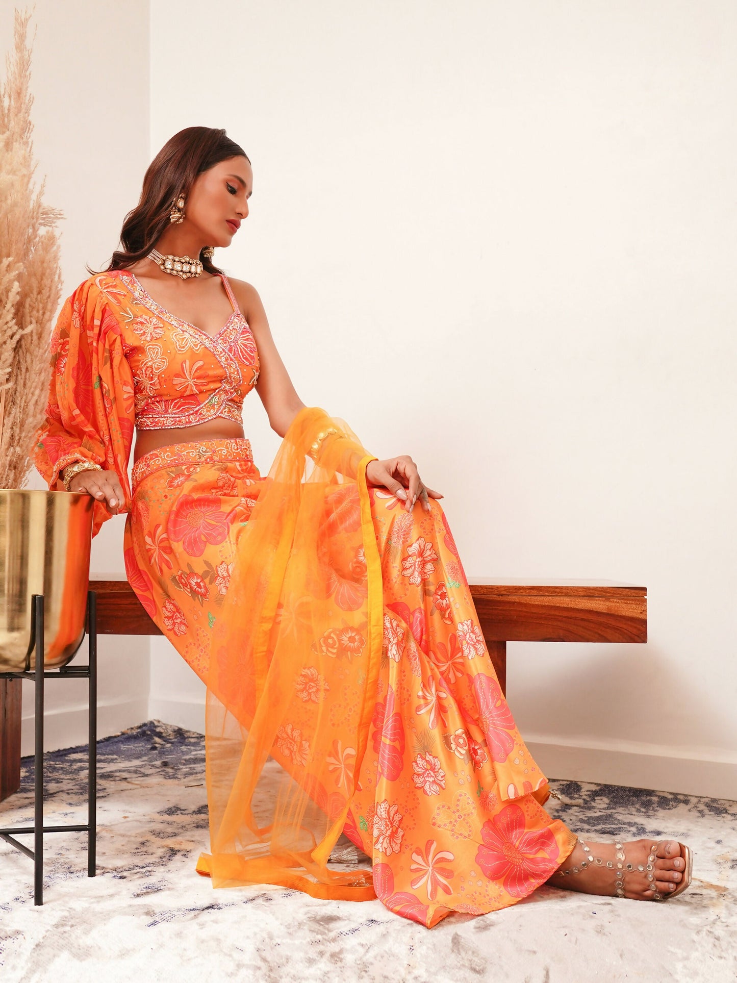 Orange Digital Chinon Handwork Top with Palazzo & Dupatta - Naomika - Swadesiicart