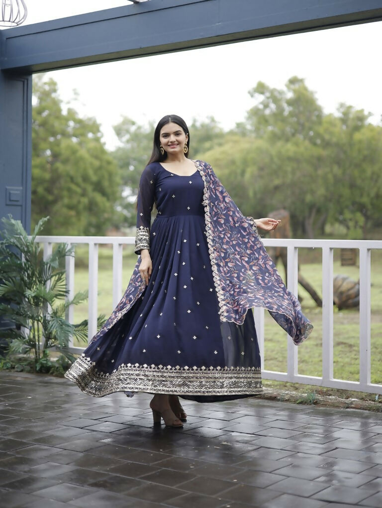 Jyoti Fashion Women's Navy Blue Faux Blooming Sequins with Zari Embroidery Anarkali Dress with Dupatta | Swadesiicart
