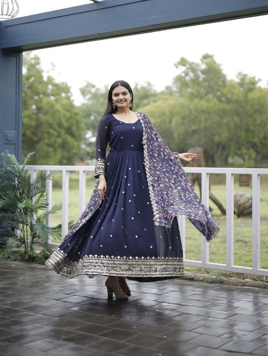 Jyoti Fashion Women's Navy Blue Faux Blooming Sequins with Zari Embroidery Anarkali Dress with Dupatta