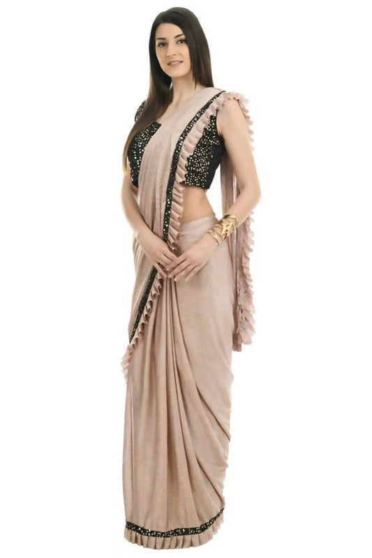Mominos Fashion All Season Wear Beige And Black Colour Ruffled Ready To Wear Saree - Mominos Fashion