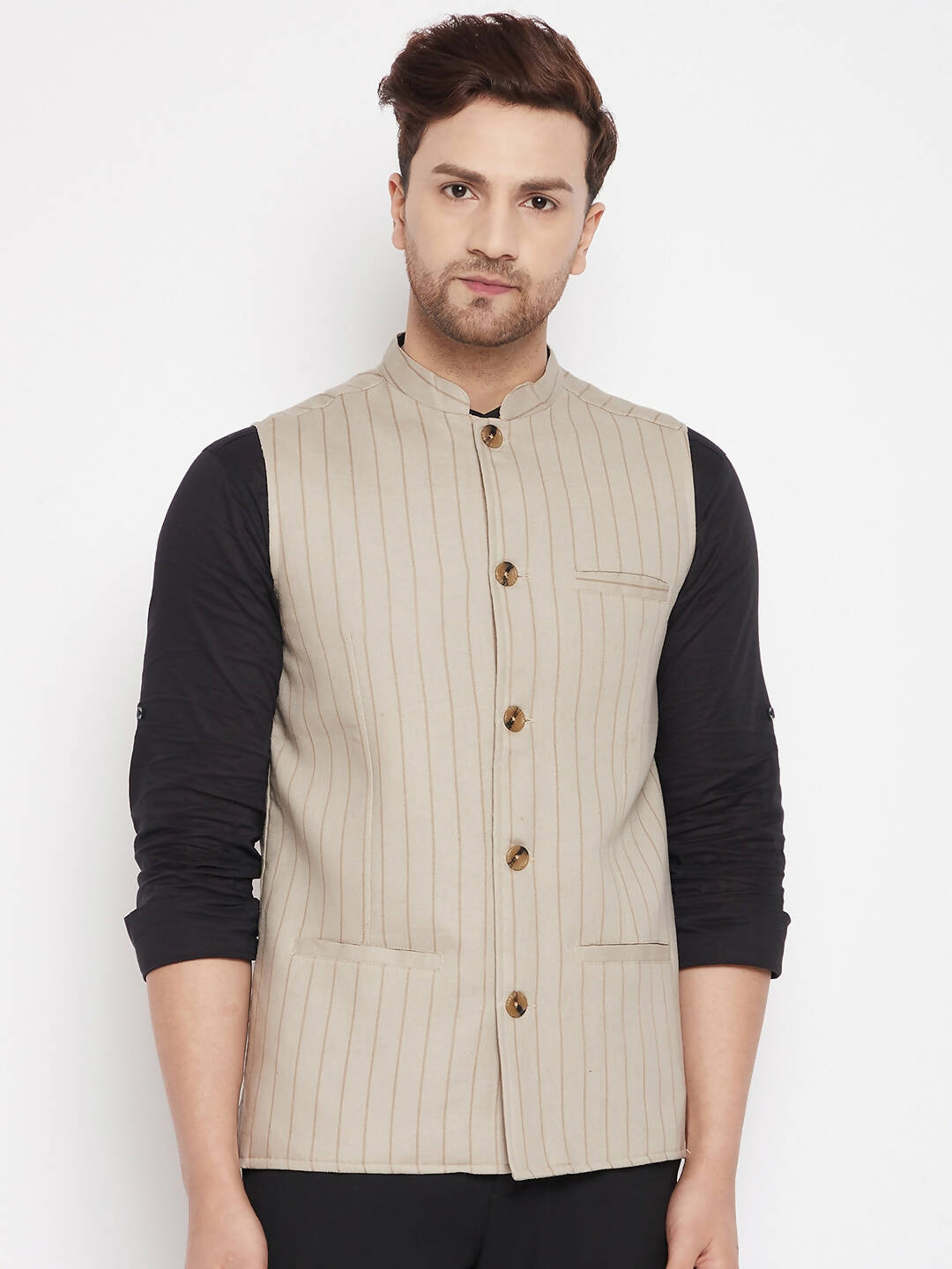 Even Apparels Beige Linen Blend Men Woven Nehru Jacket | Swadesiicart