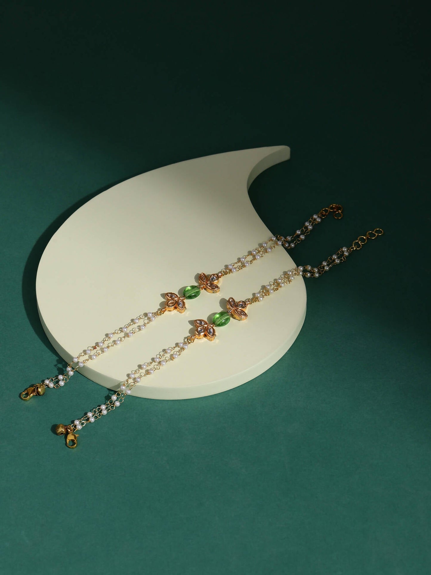 Gold-Polished Green White Kundan Beads Anklet Set Of 2 - Ruby Raang | Swadesiicart