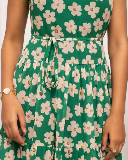 FIORRA Women's Green Georgette Floral Printed Western Dress - Swadesiicart