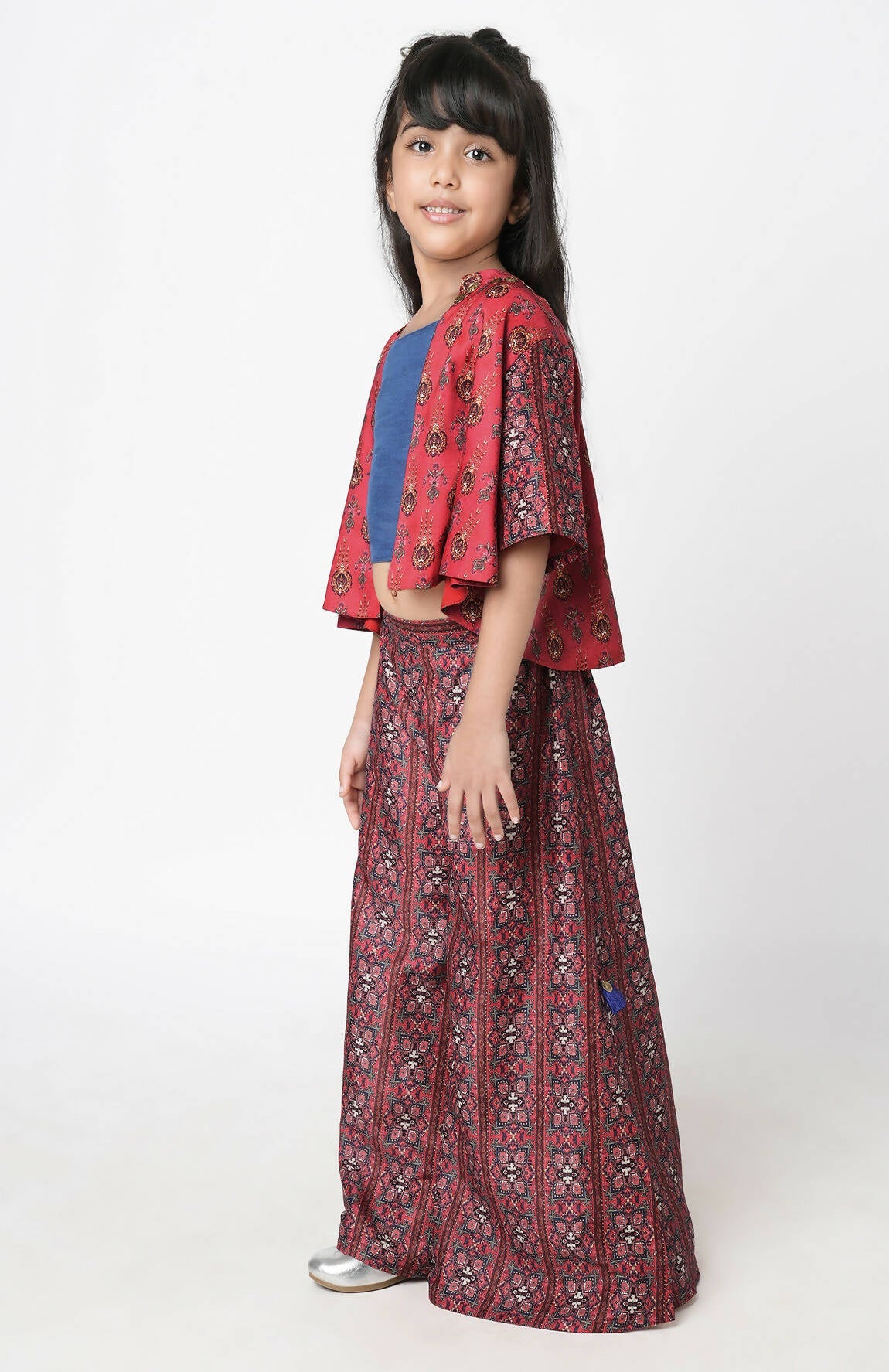 Lil Drama Ethnic Twist Girls Red Print Flared Palazzo With Top And Jacket Co-Ordinate Set - Swadesiicart