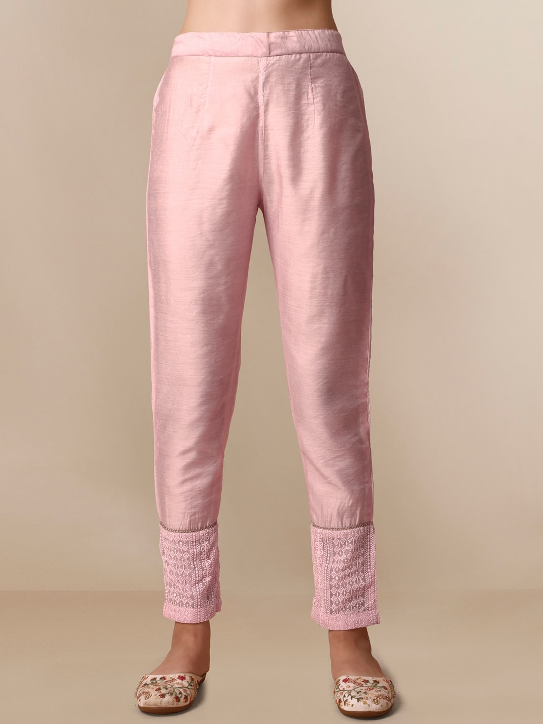 HERE&NOW Lucknowi Chikankari Schiffli Chanderi Silk Kurta Trousers with Organza Dupatta | Swadesiicart