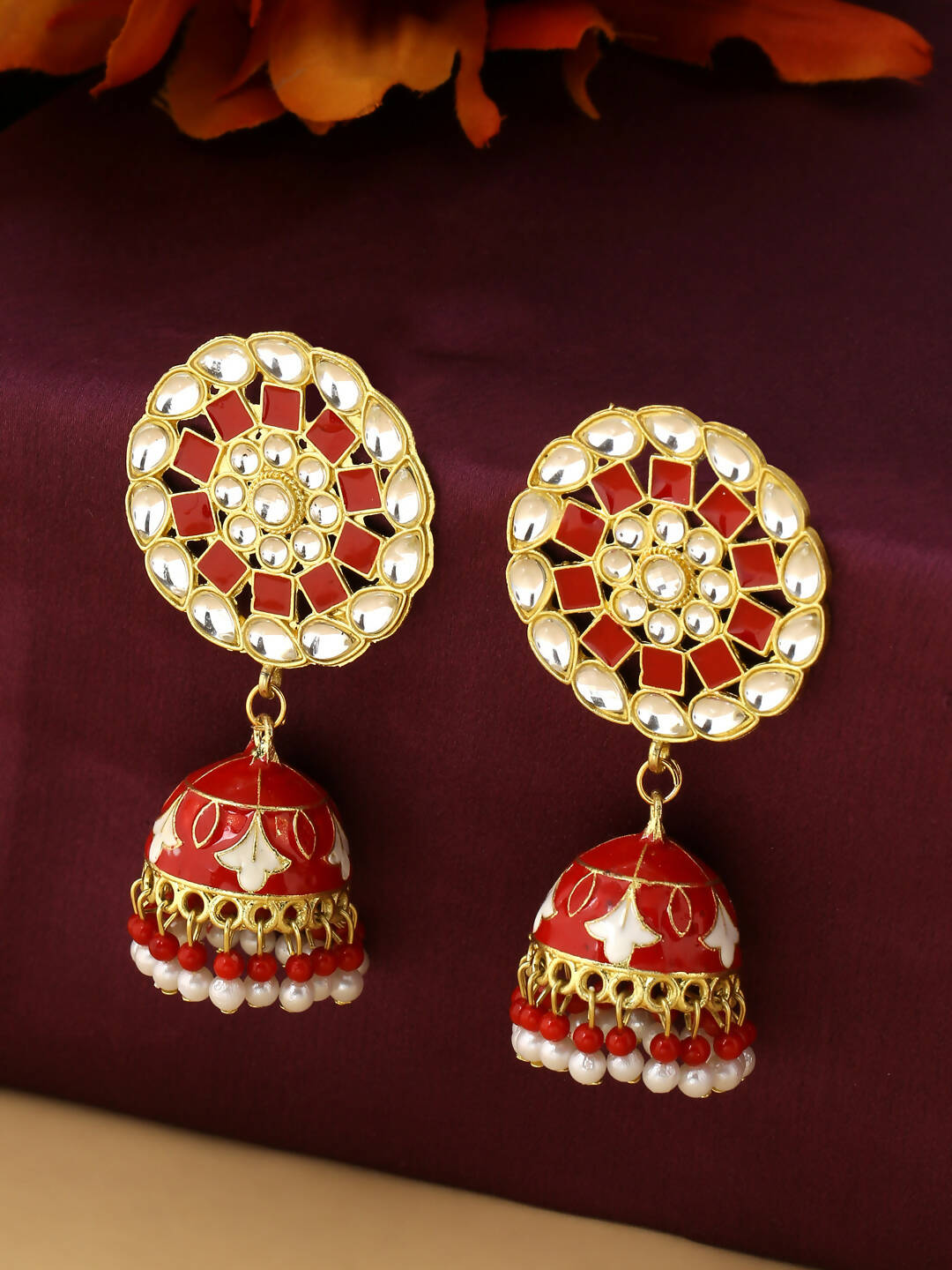 NVR Women Gold-Polished Red Dome Shaped Meenkari Jhumkas Earrings | Swadesiicart