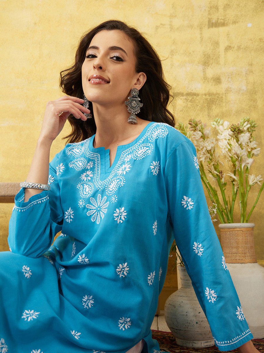ADA Floral Lucknowi Chikankari Straight Kurta | Swadesiicart