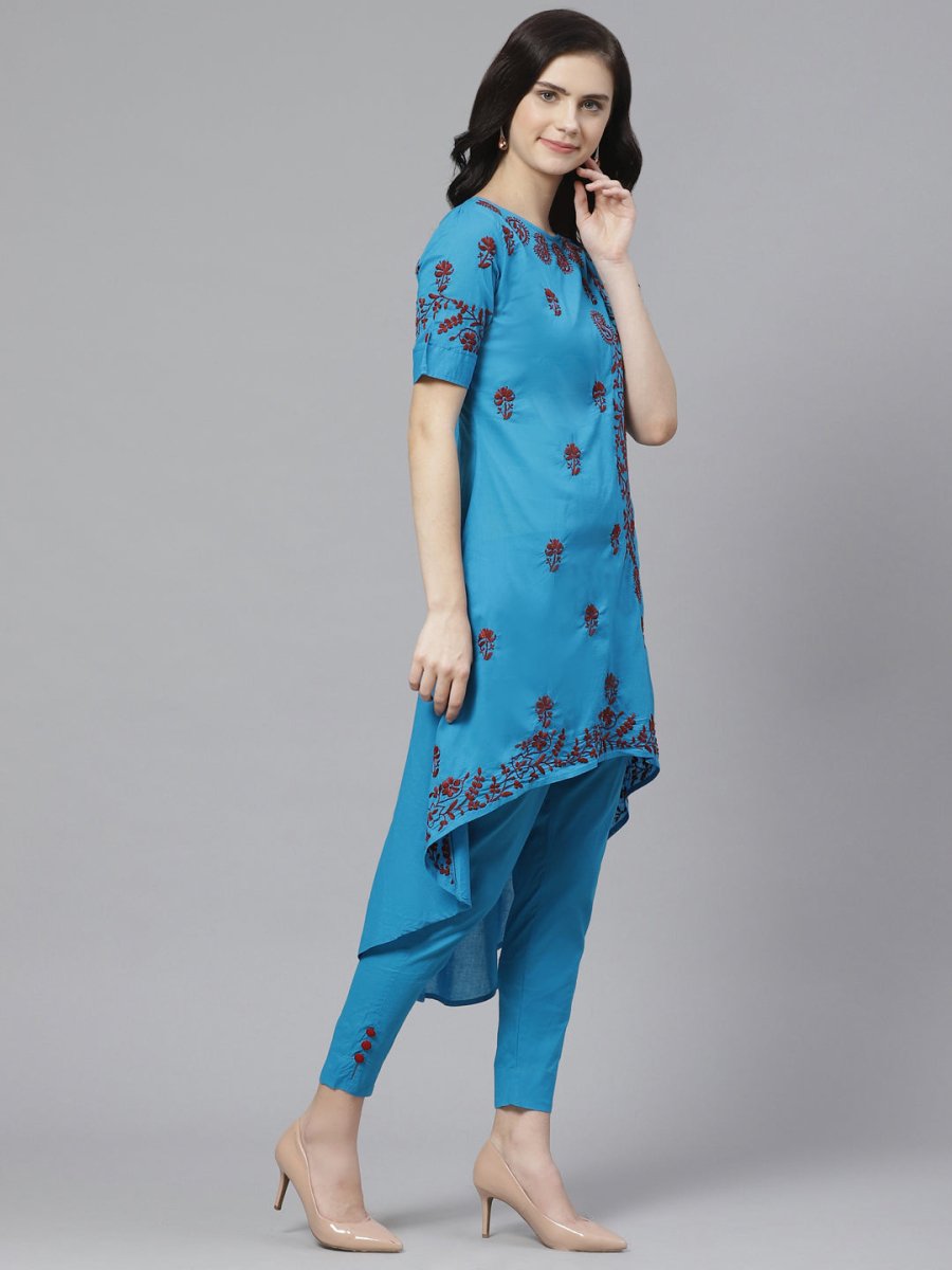 ADA Women Blue & Maroon Chikankari Embroidered High Low Handloom Sustainable Kurta with Trousers | Swadesiicart