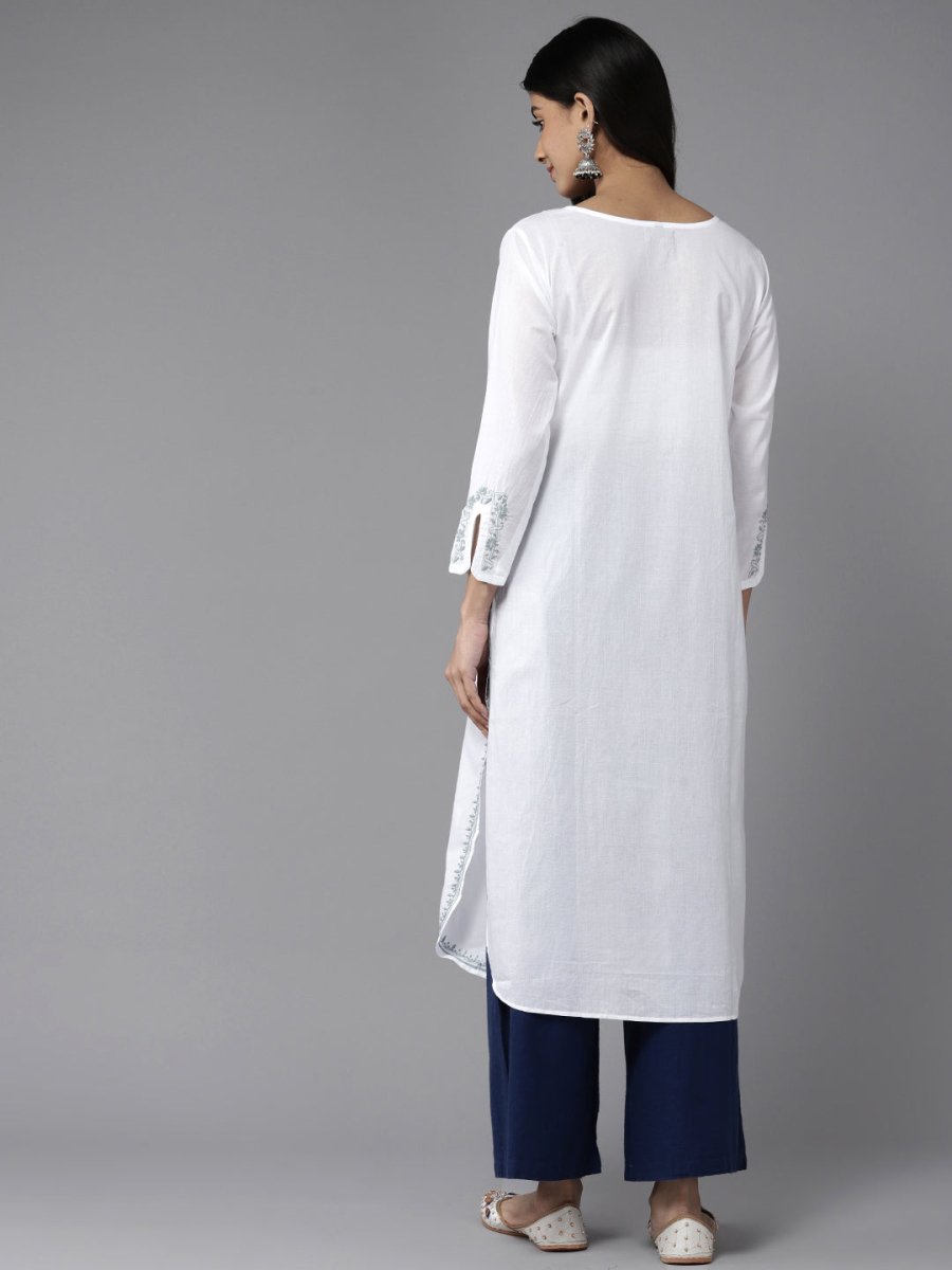 ADA Ethnic Motifs Embroidered Chikankari White Romance Kurta | Swadesiicart
