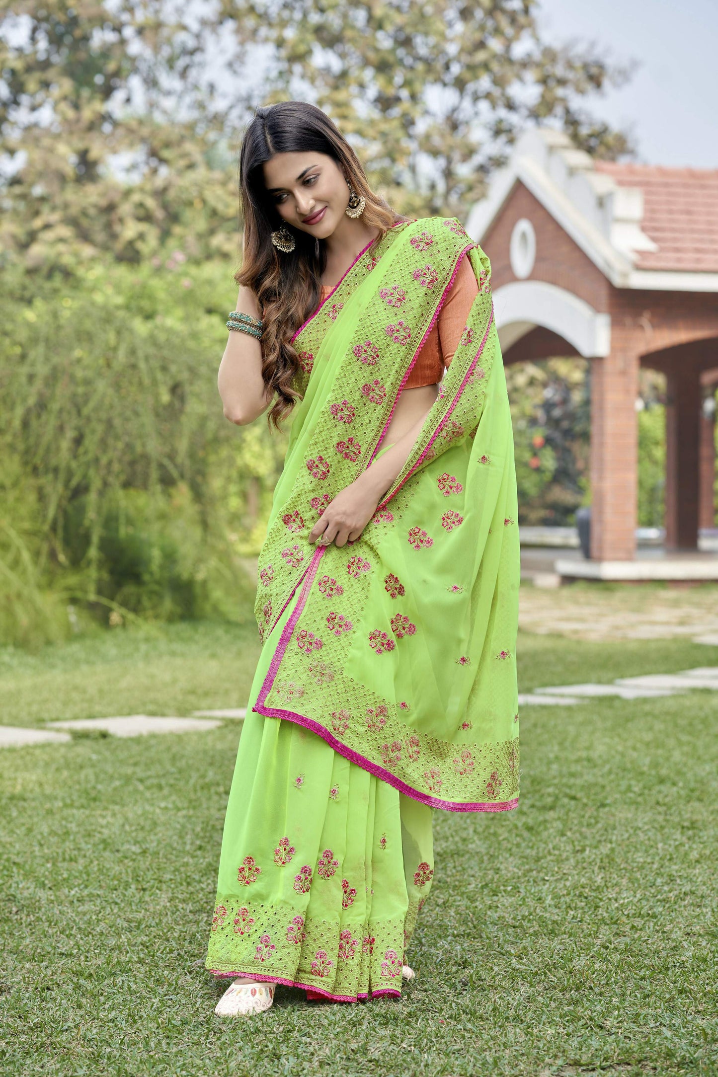 Vamsee Rashmika 2.0 Green Georgette Silk Saree - Swadesiicart