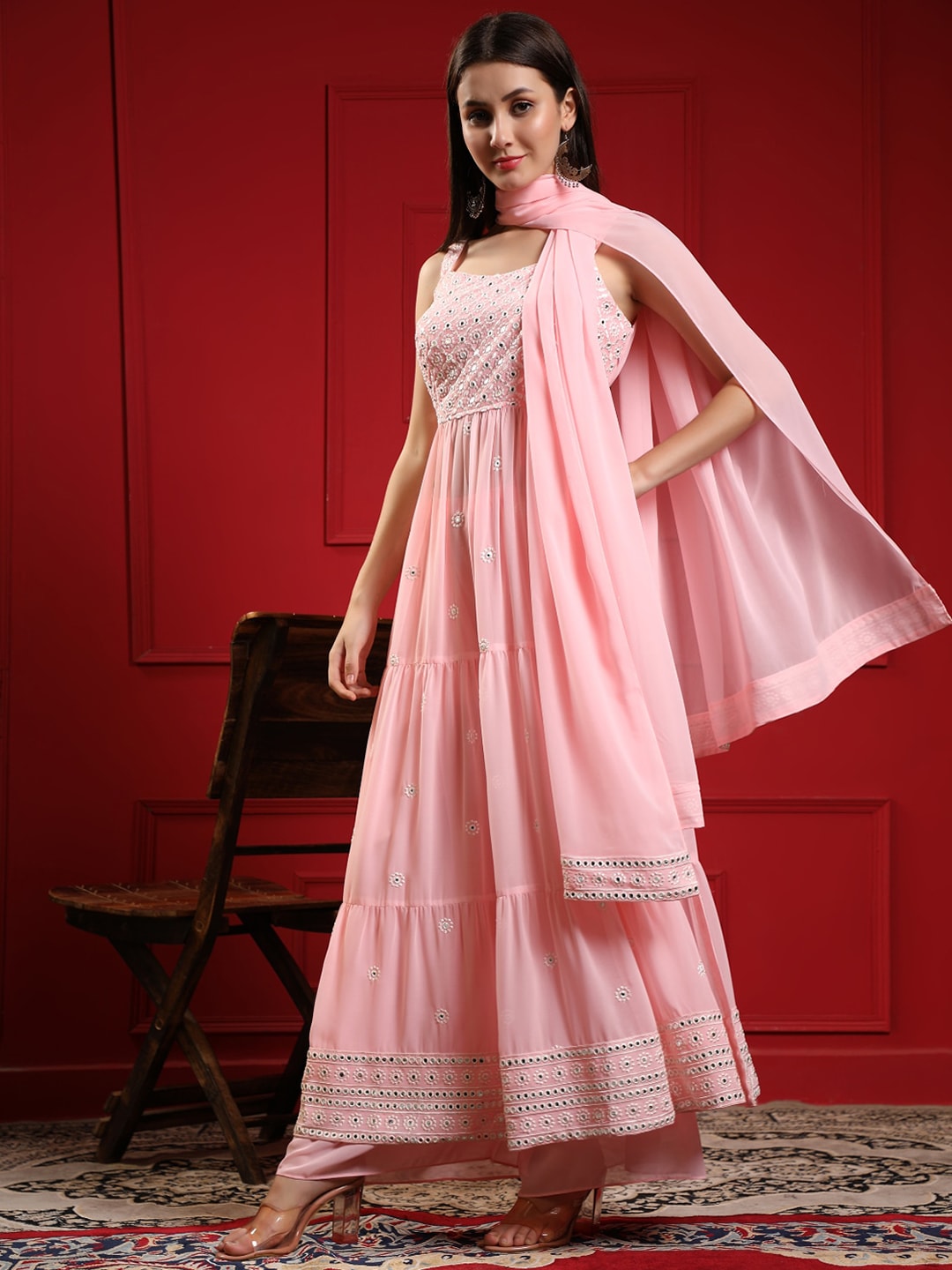 Kalini Women Pink Floral Embroidered Pleated Mirror Work Kurta with Sharara & With Dupatta | Swadesiicart