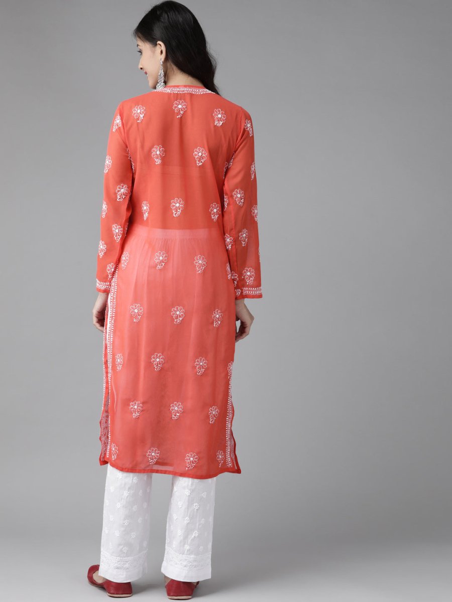 ADA Women Red & White Sustainable Hand Embroidered Chikankari Handloom Kurta with Palazzos | Swadesiicart