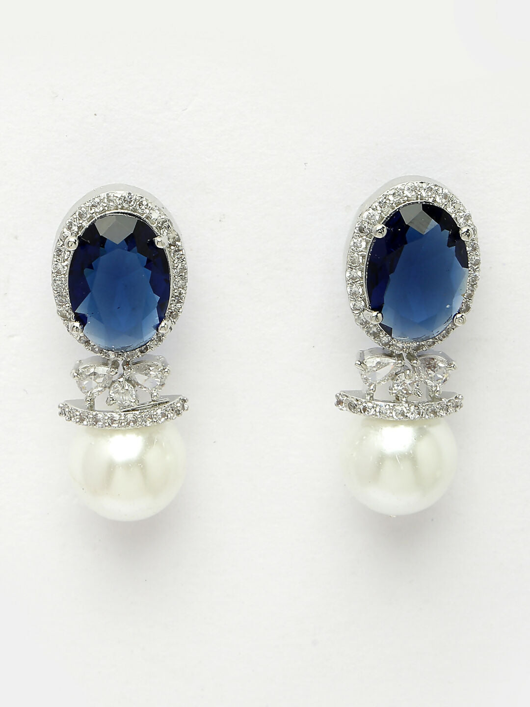 NVR Women's Silver-Plated Blue American Diamond Studded Handcrafted Jewellery Set - Swadesiicart
