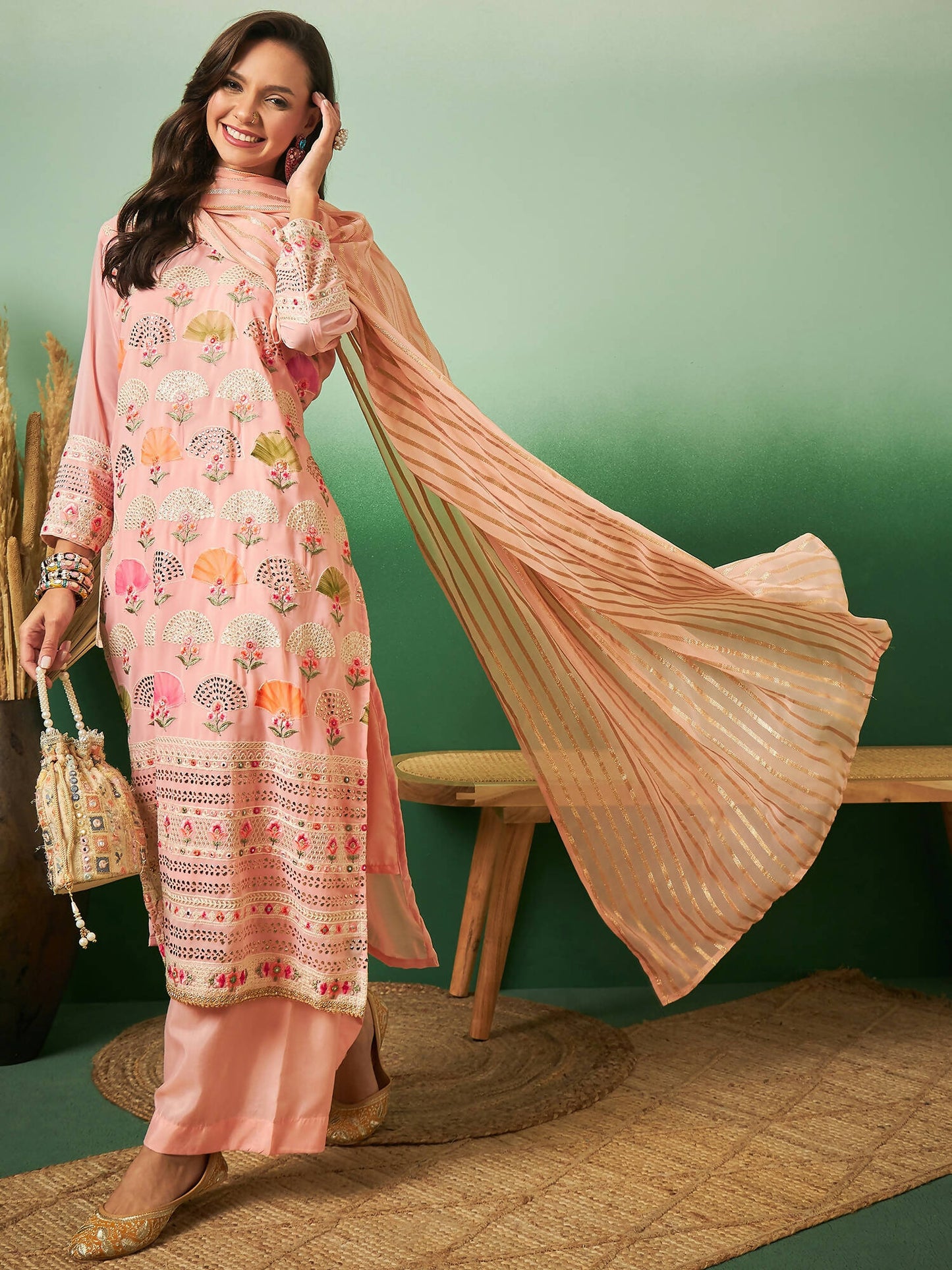 Peach Georgette Handwork Unstitched Dress Material - Hanika | Swadesiicart