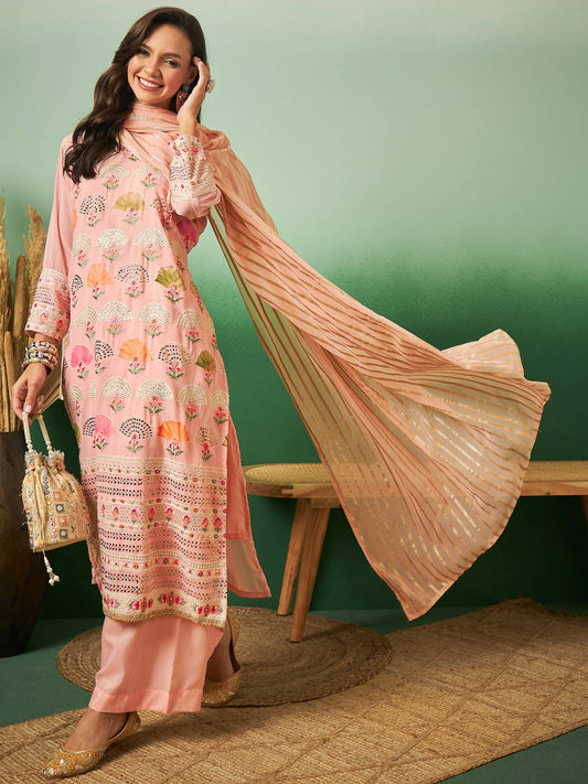 Peach Georgette Handwork Unstitched Dress Material - Hanika | Swadesiicart
