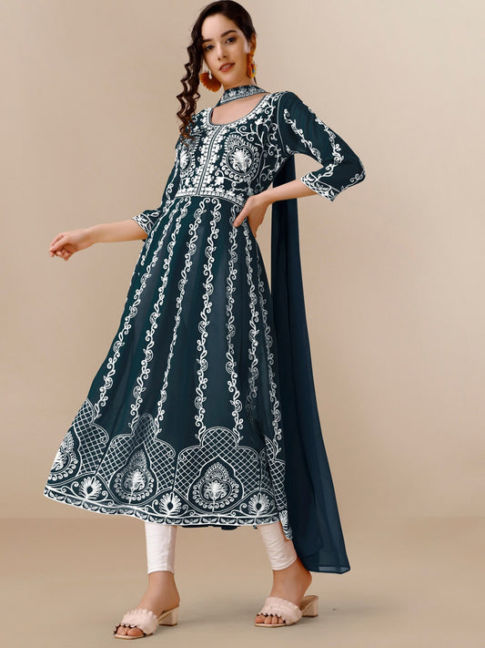 HERE&NOW Teal & White Ethnic Motifs Embroidered Chikankari Kurta & Dupatta | Swadesiicart