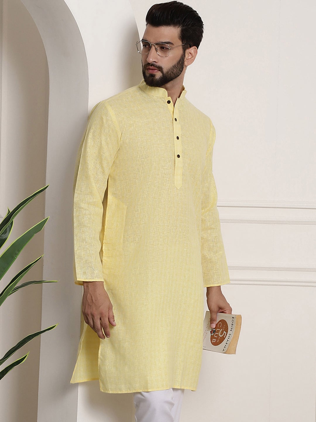 Sojanya Men Yellow Dobby Self-Checked Straight Kurta | Swadesiicart