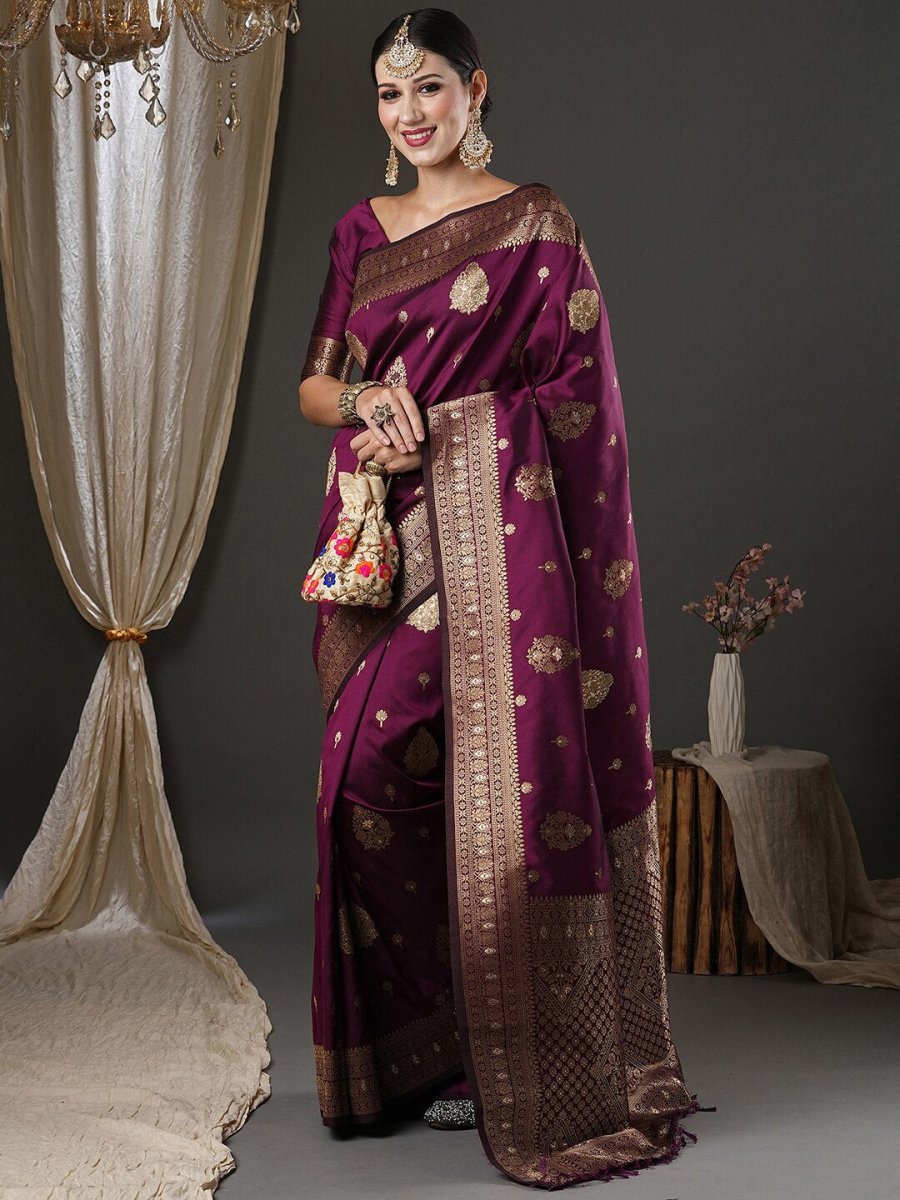 Anouk Purple & Gold-Toned Ethnic Motifs Zari Banarasi Saree | Swadesiicart