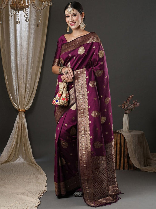 Anouk Purple & Gold-Toned Ethnic Motifs Zari Banarasi Saree | Swadesiicart