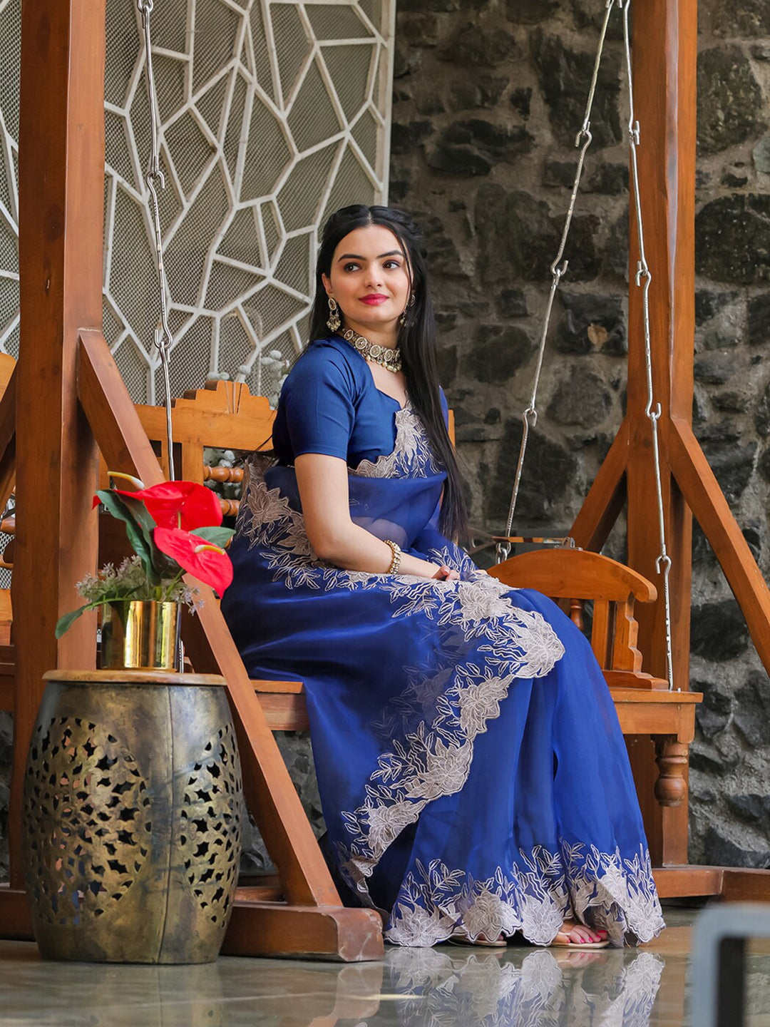 Tikhi Imli Blue Embroidered Organza Saree | Swadesiicart