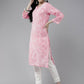 ADA Women Pink & White Ethnic Motifs Embroidered Chikankari Cotton Kurta | Swadesiicart
