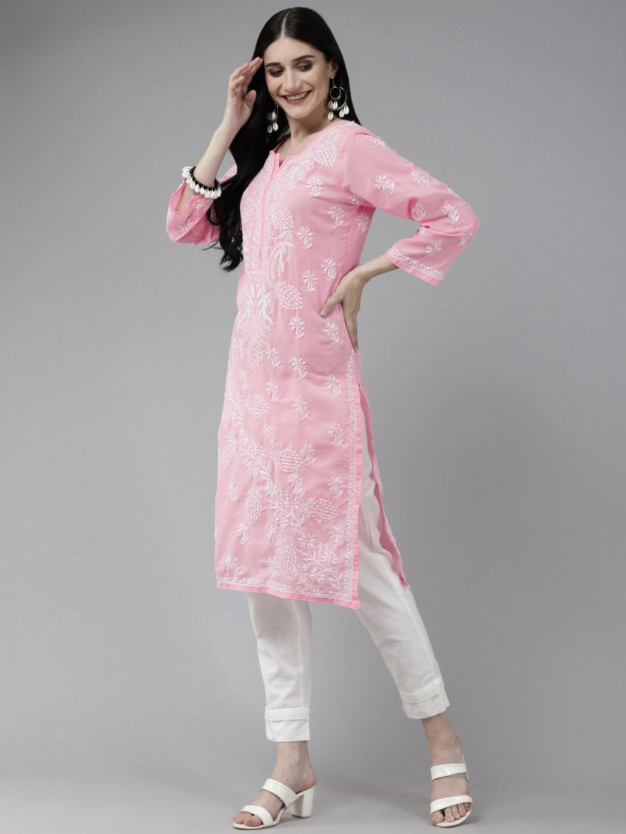 ADA Women Pink & White Ethnic Motifs Embroidered Chikankari Cotton Kurta | Swadesiicart