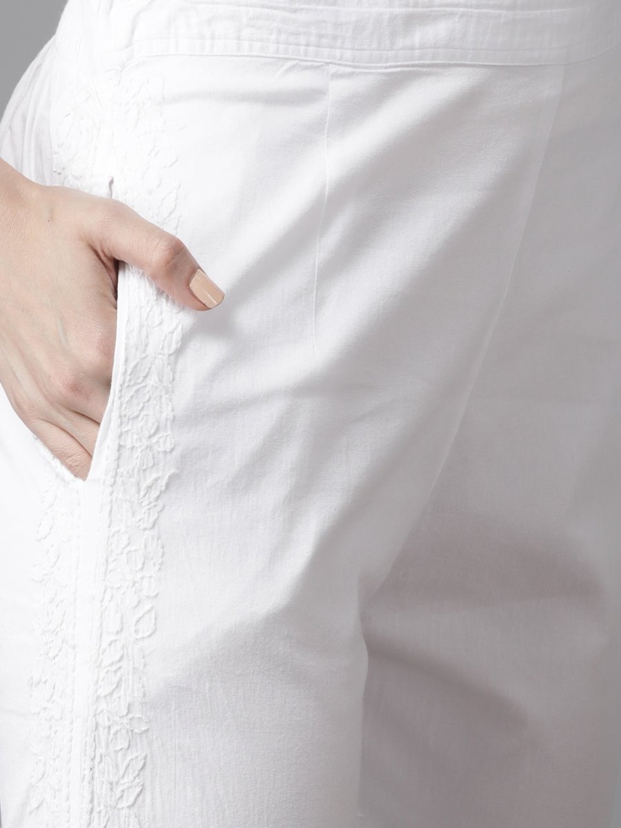 ADA Women Yellow & White Cotton Sustainable Hand Embroidered Chikankari Kurta & Trousers | Swadesiicart