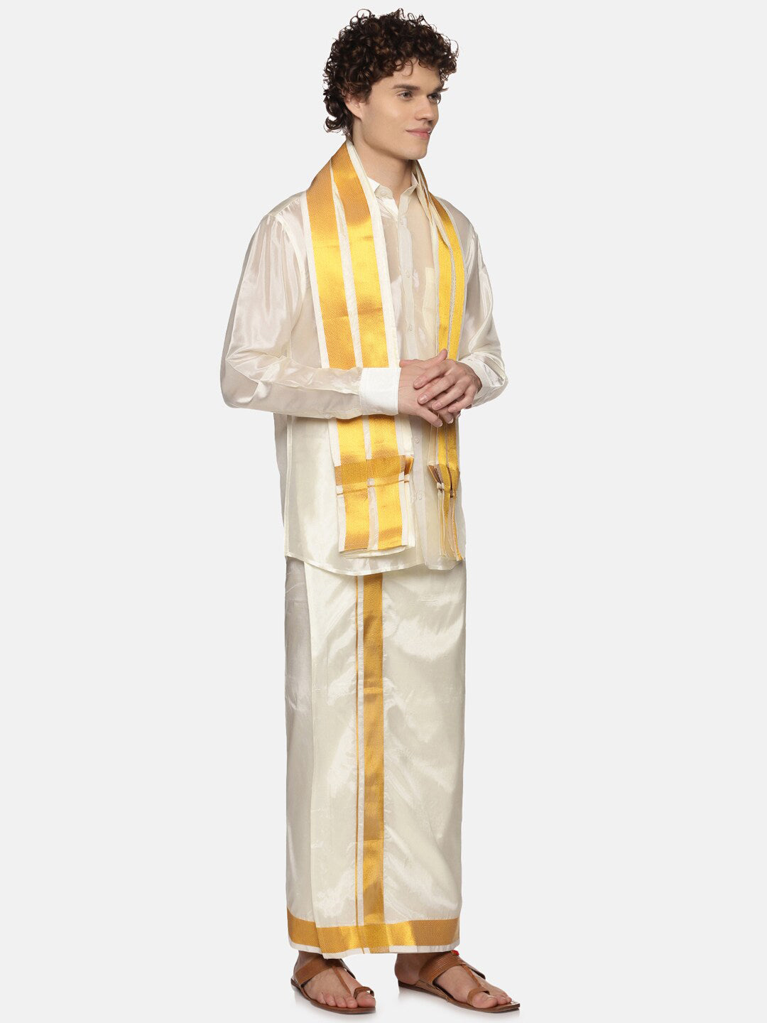 Sethukrishna Men Cream Solid With Angavastram | Swadesiicart