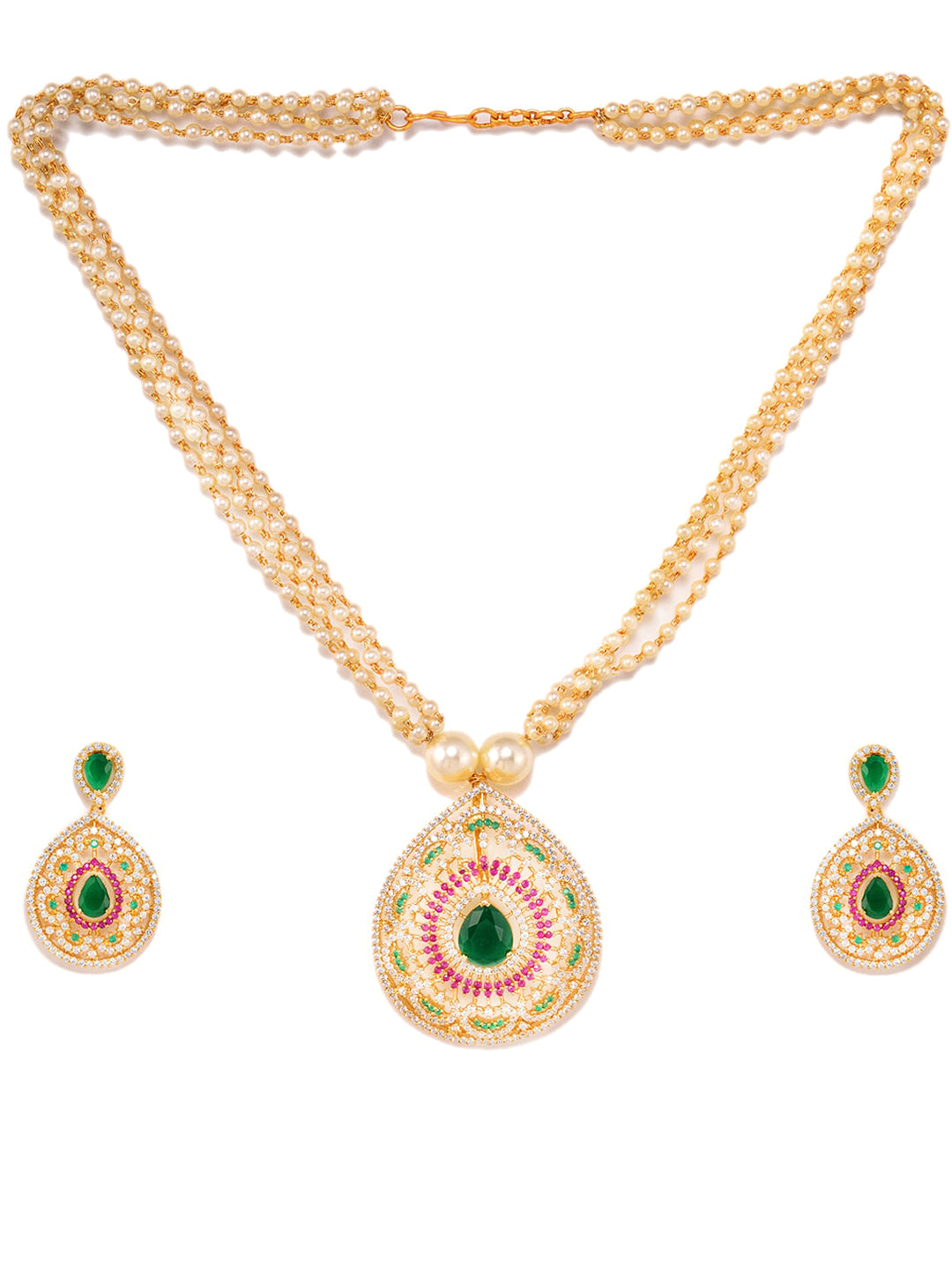 Saraf RS Jewellery Women Gold-Polished Multi Coloured AD Studded Pearl Mala & Earrings Set - Swadesiicart