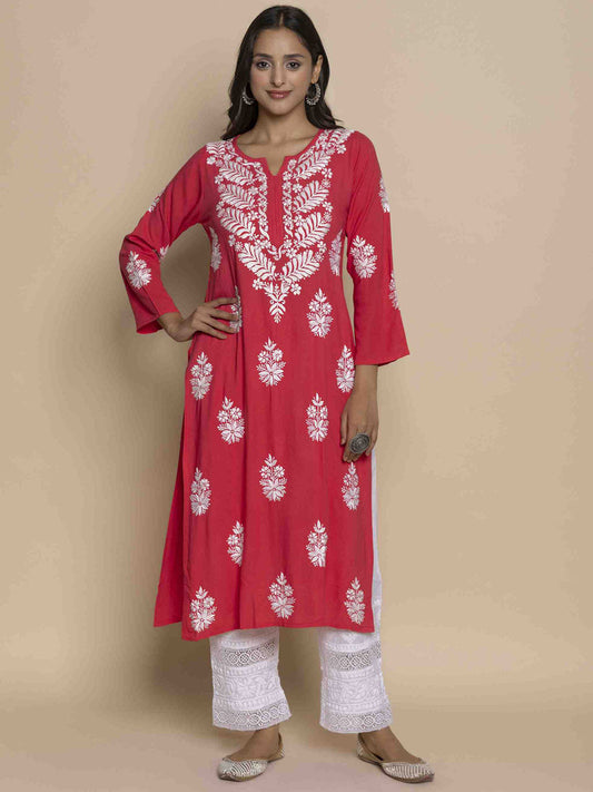HOUSE OF KARI Floral Chikankari Embroidered Notched Round Neck Straight Kurta | Swadesiicart