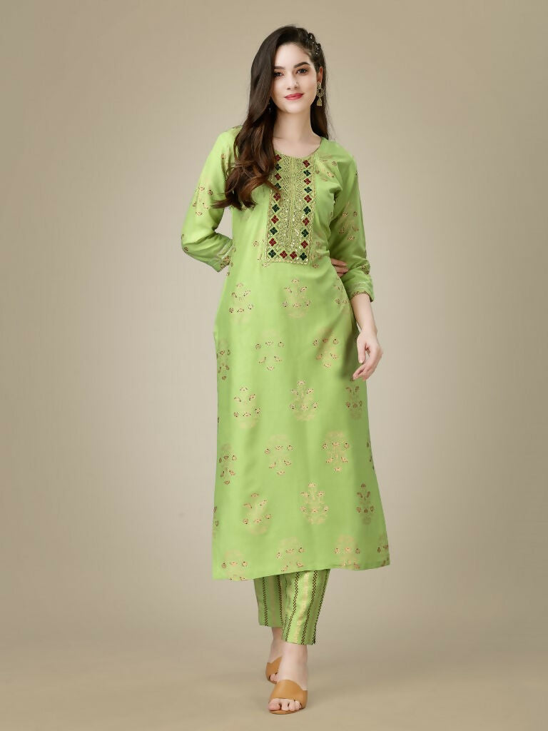 Jyoti Fashion Women's Light Green Rayon Embroidered Kurta Pant Set | Swadesiicart
