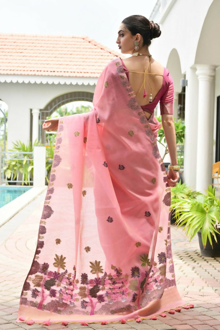 Vishnu Weaves Women's Pink Muga Cotton Thread Weaving Saree with Blouse - Swadesiicart