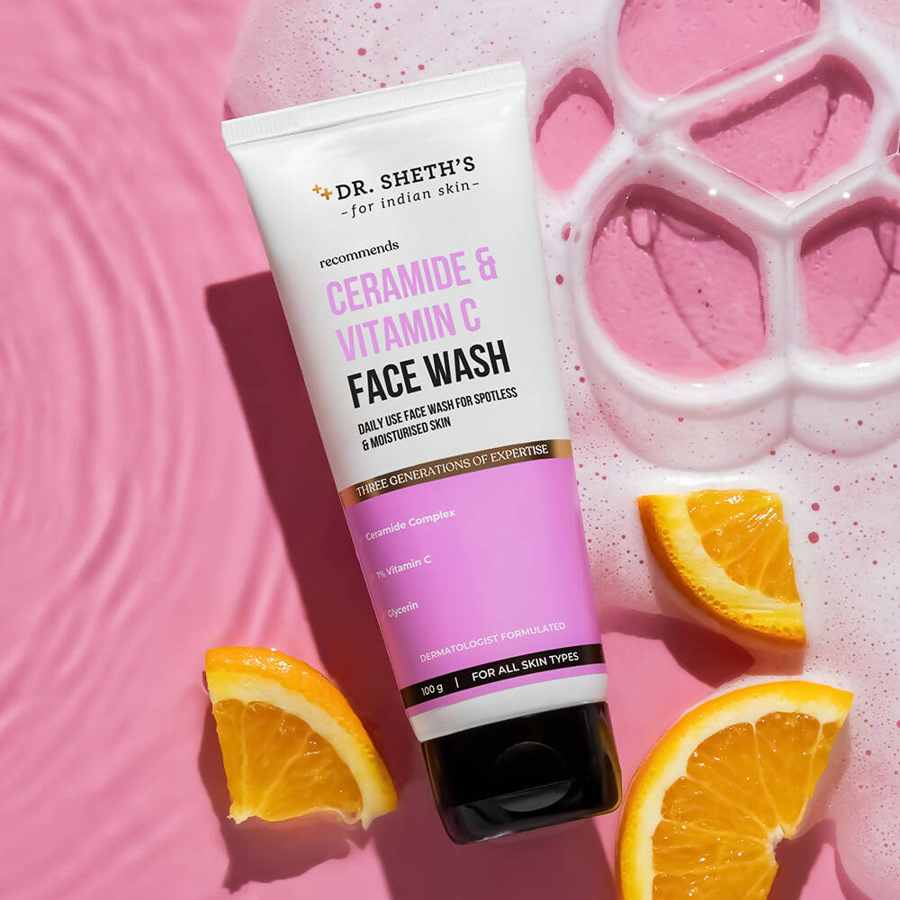Dr. Sheth's Ceramide & Vitamin C Brightening Face Wash Gently Cleanses, Hydrates & Reduces Dark Spots, For Normal, Oily & Combination Skin - Swadesiicart