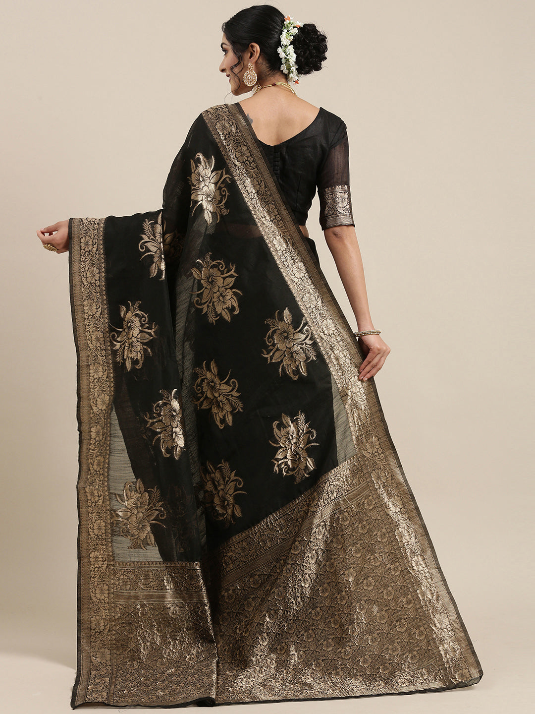 Saree Mall Black Floral Linen Blend Banarasi Saree | Swadesiicart
