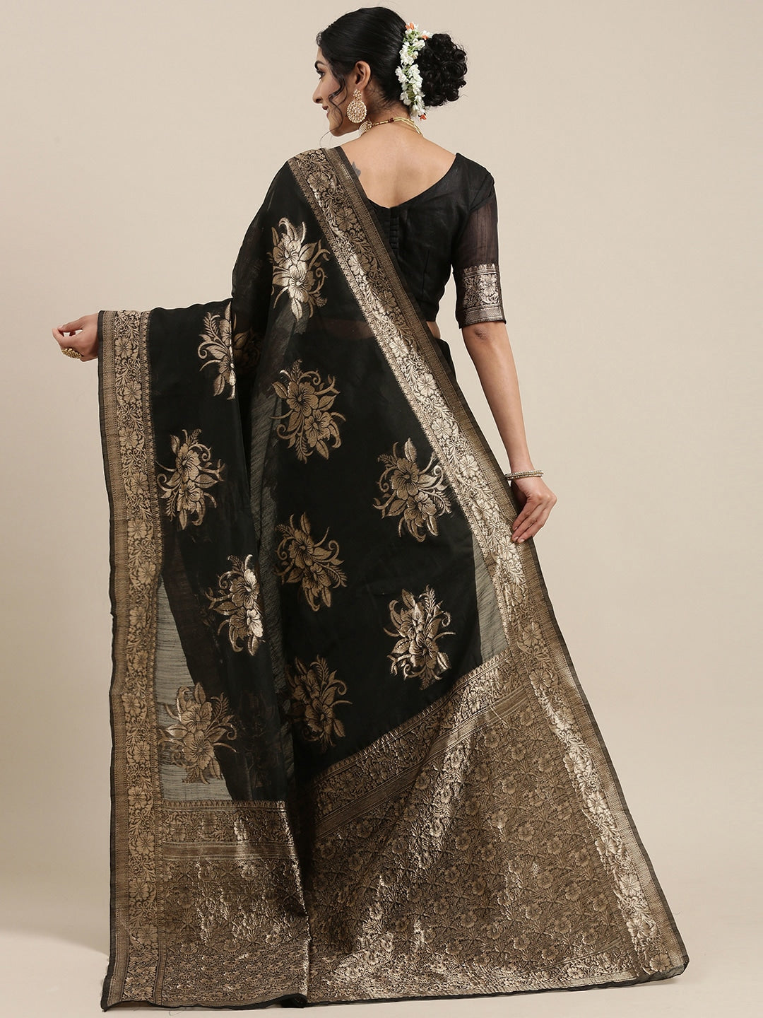 Saree Mall Black Floral Linen Blend Banarasi Saree | Swadesiicart