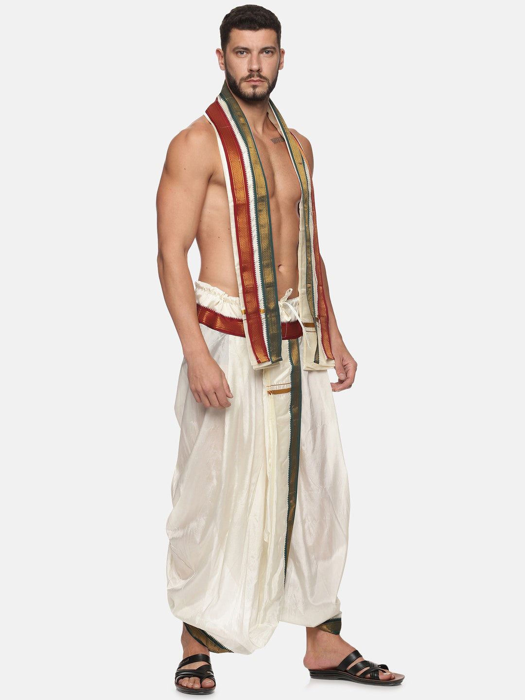 Sethukrishna Men Cream Solid Readymade Dhoti Pants With Angavastram | Swadesiicart