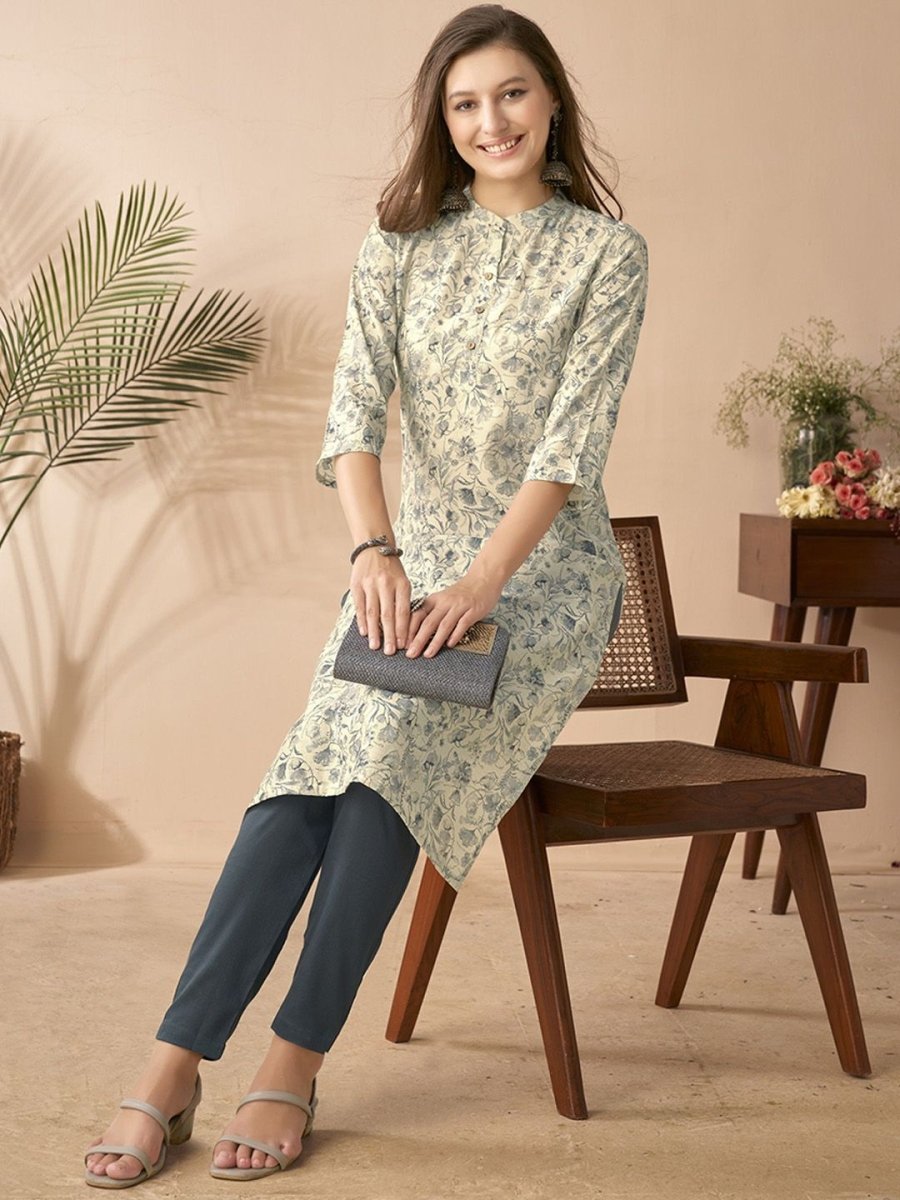 Anouk White & Blue Floral Printed Mandarin Collar Chanderi Silk Straight Kurta - Swadesiicart