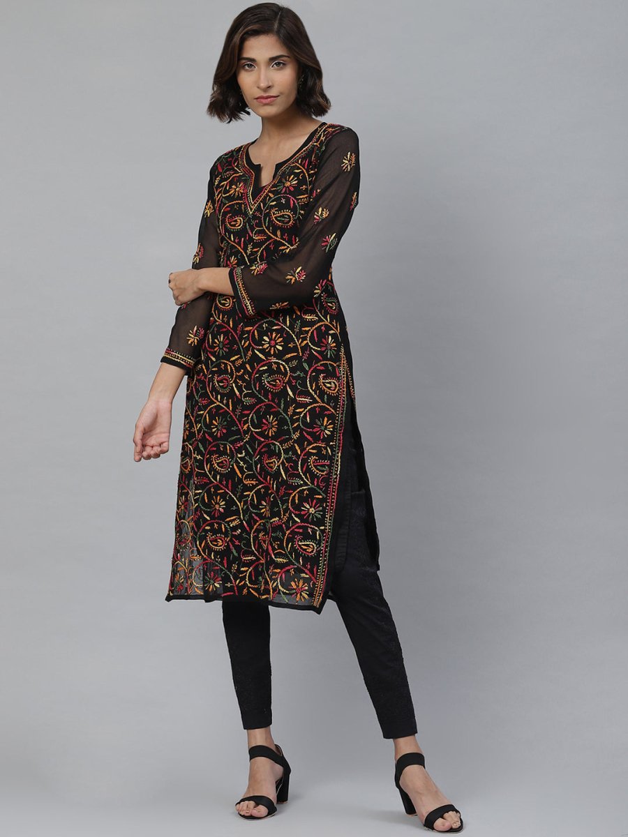 ADA Women Black & Mustard Yellow Chikankari Embroidered Sustainable Kurta with Trousers | Swadesiicart