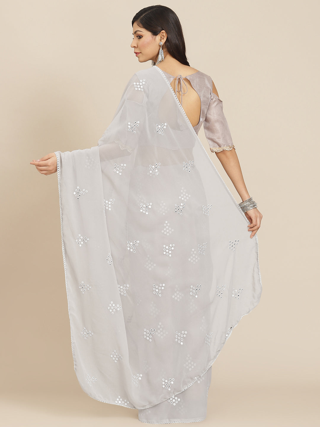 Tikhi Imli Grey Embroidered Mirror-Work Saree | Swadesiicart