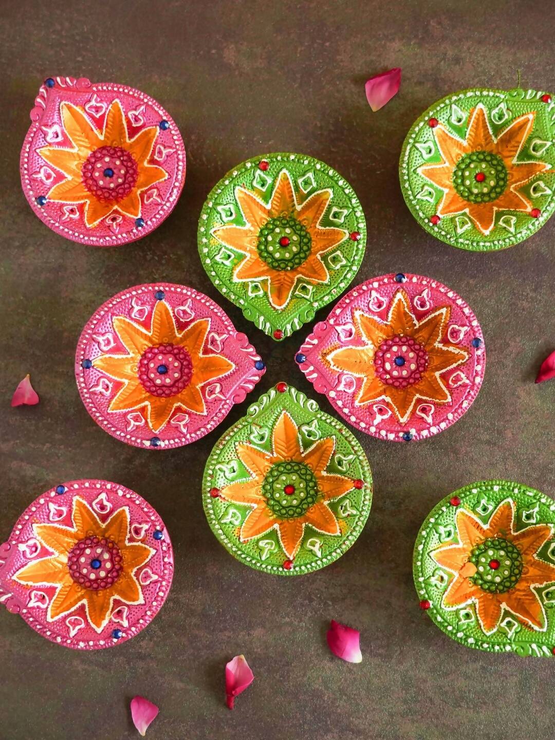 Tied Ribbons Green & Pink Set of 8 Terracotta Clay Diwali Diyas | Swadesiicart