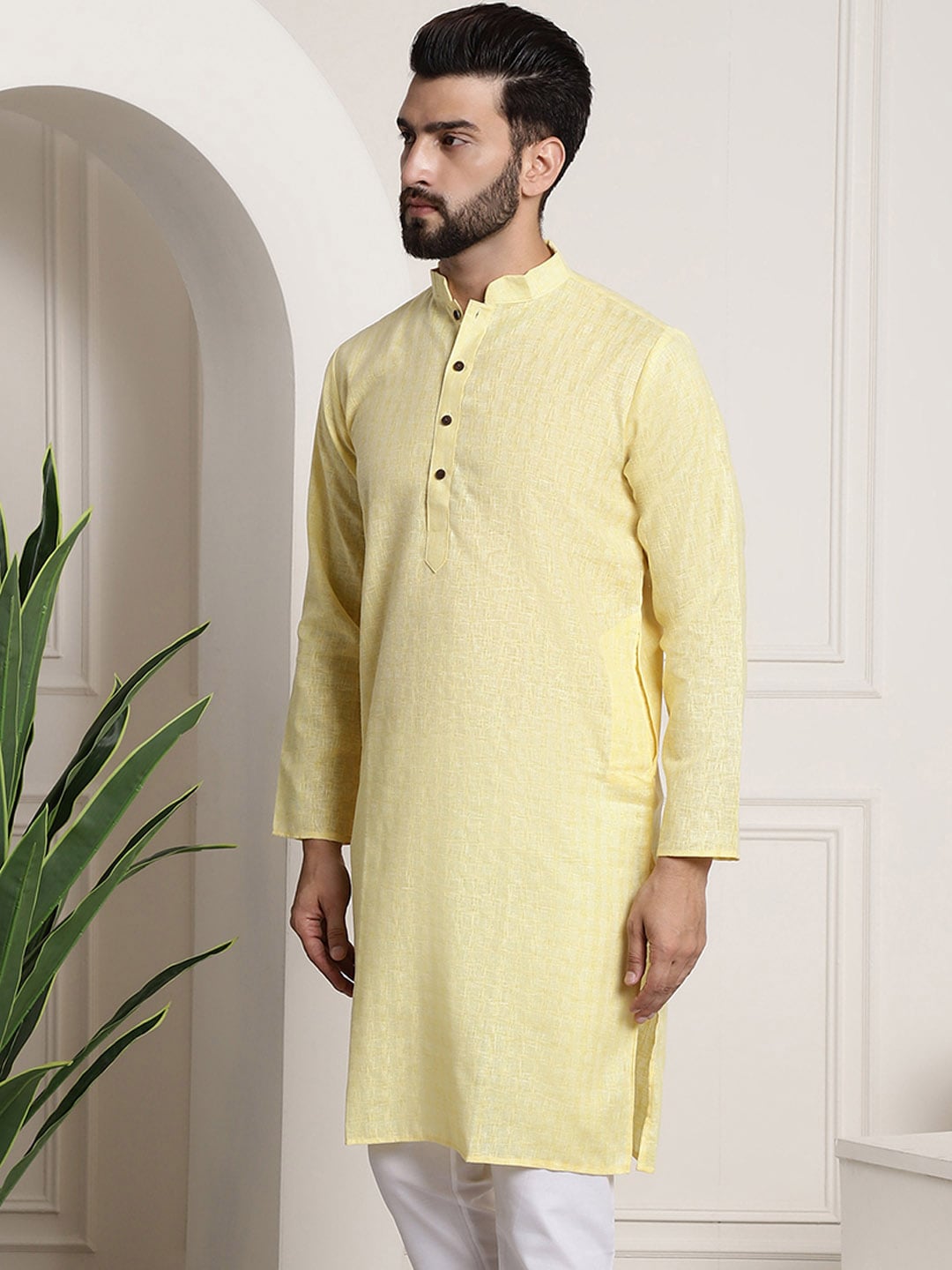 Sojanya Men Yellow Dobby Self-Checked Straight Kurta | Swadesiicart