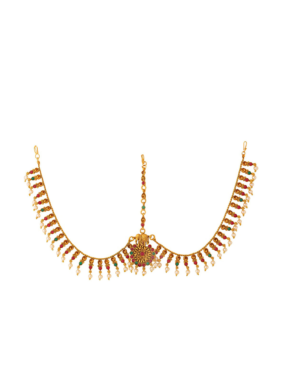 Yellow Chimes Women Gold-Polished,Maroon,Green White Pearl Hanging Bridal Mathapatti | Swadesiicart