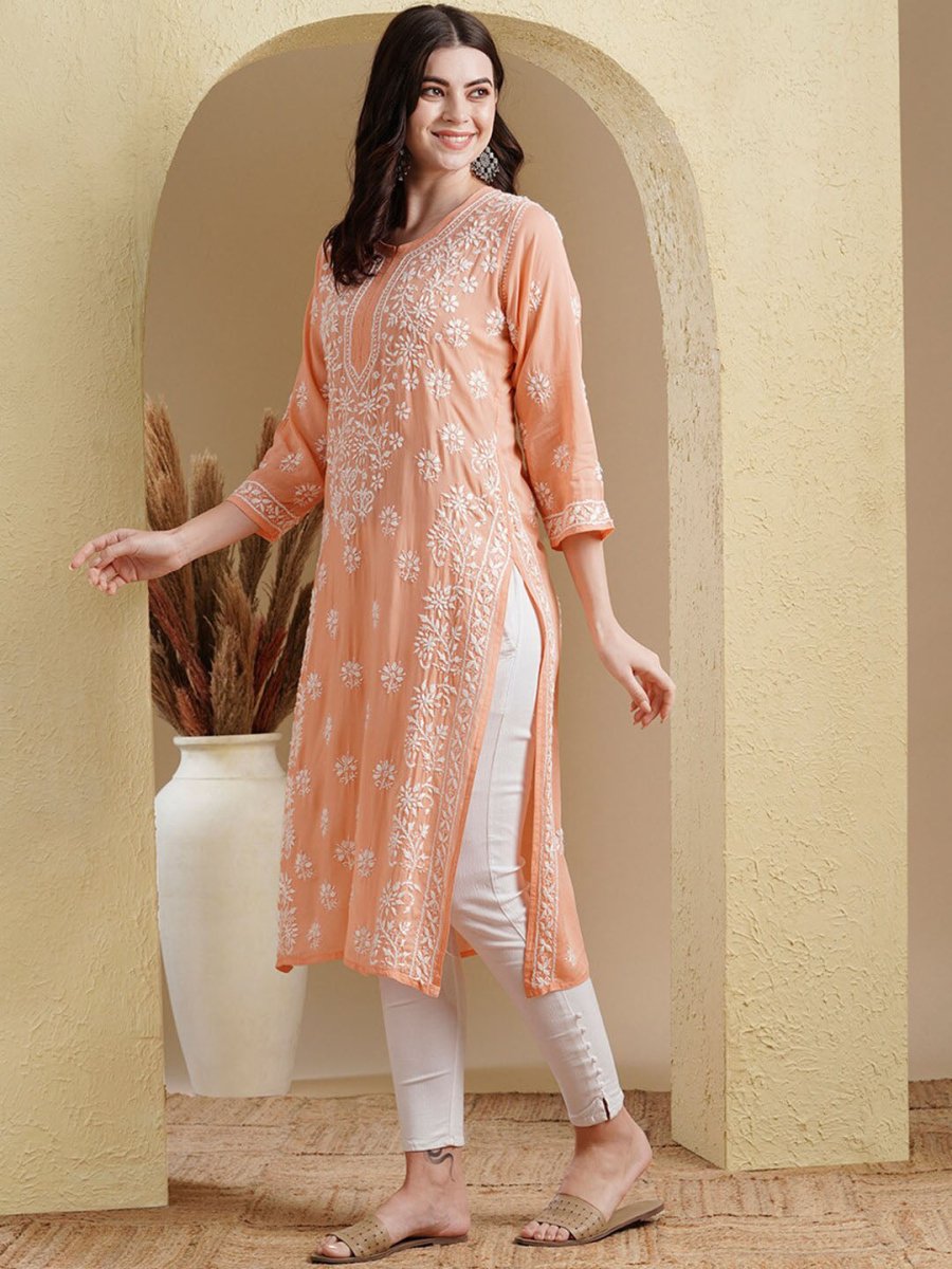 ADA Ethnic Motifs Embroidered Lucknowi Chikankari Detailed Modal Cotton Straight Kurta | Swadesiicart