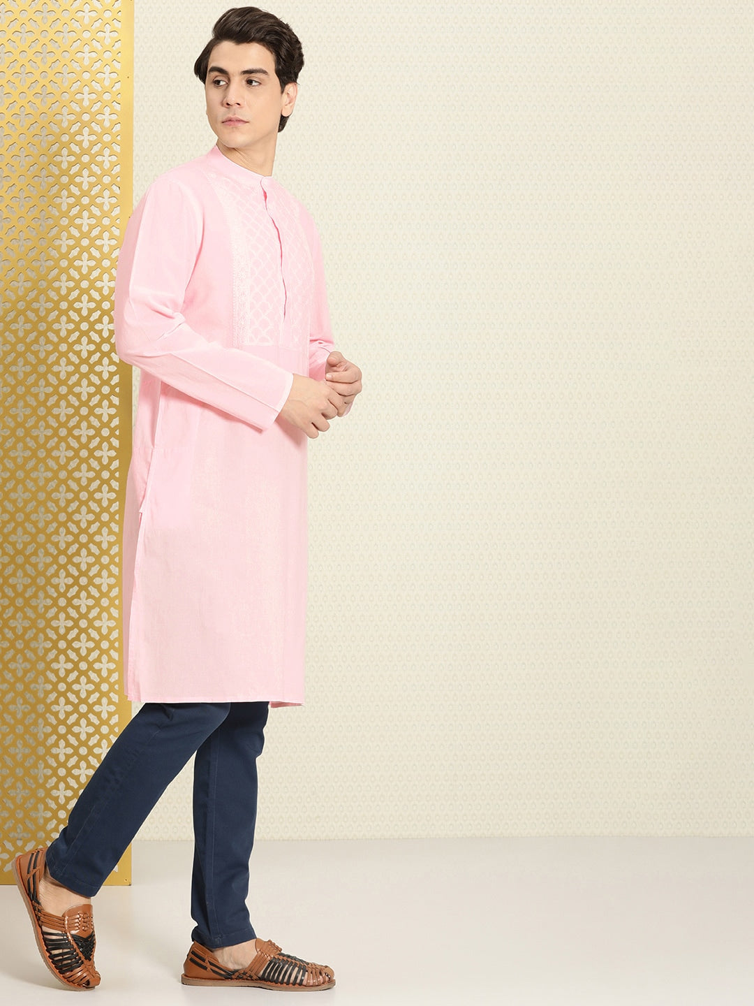 House of Pataudi Men Chikankari Yoke Design Pastels Pure Cotton Rozana Kurta | Swadesiicart