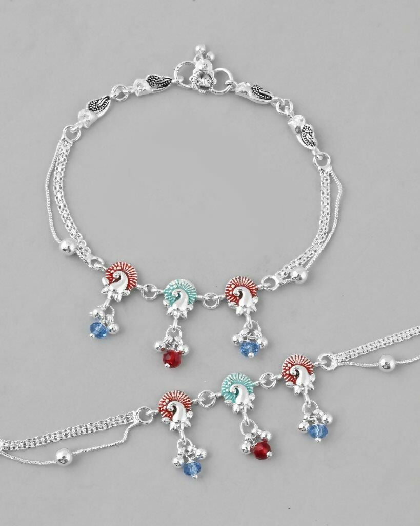 VOJ Set of 2 Silver Plated Peacock Shaped Multi Color Anklet - Swadesiicart