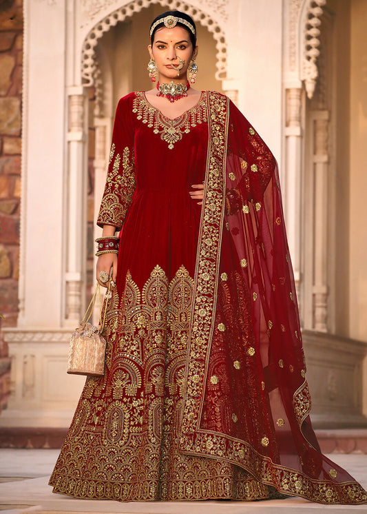 Maroon Velvet Front & Back Embroidery Wedding Anarkali Suit - Emponline | Swadesiicart