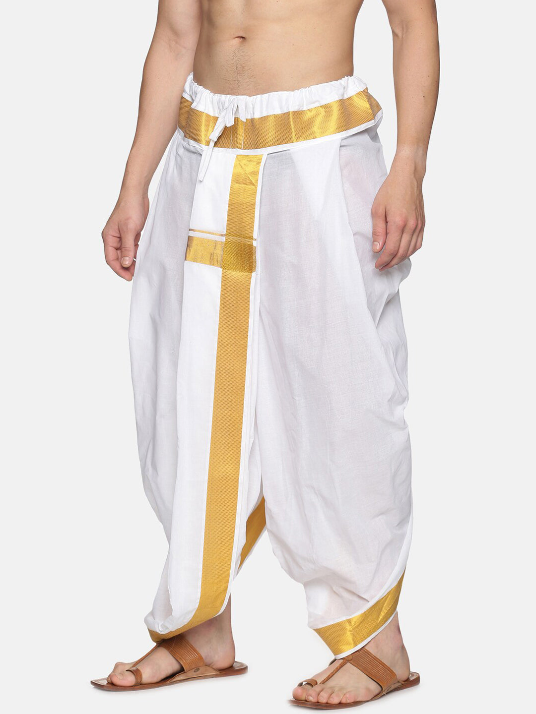 Sethukrishna Men White & Gold-Coloured Solid Readymade Dhoti Pant | Swadesiicart
